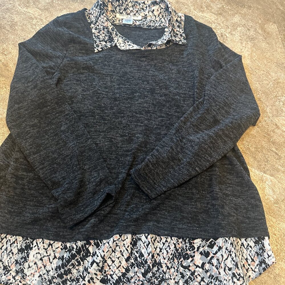 Rebecca Malone Petite Sweater - Grey with Pink Black Abstract Faux Blouse - PM